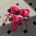Women's solid colour tube top swimsuit with drawstring straps and split briefs in polyester fabric