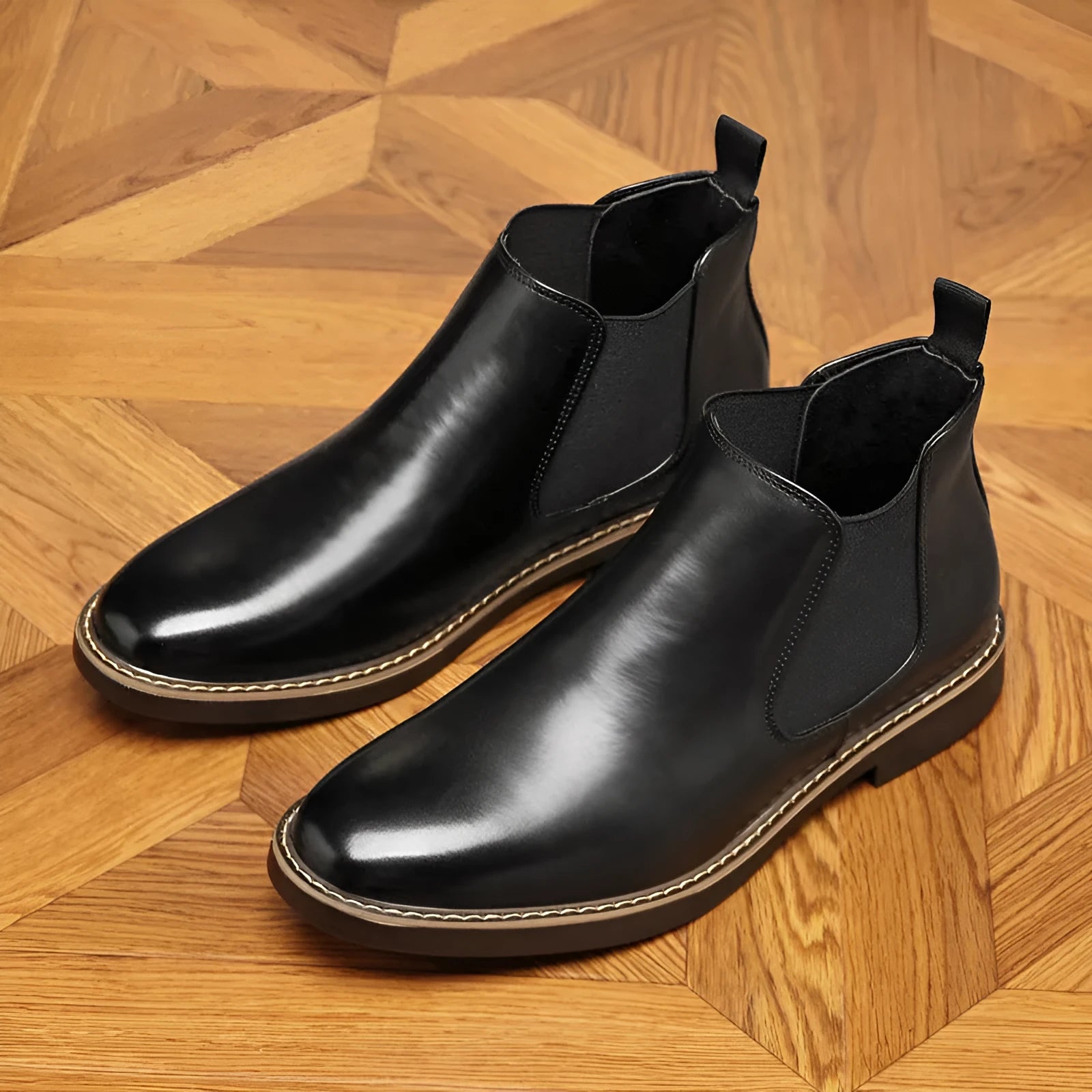 Men's black formal leather ankle boots with pointed toe and square heel on white background