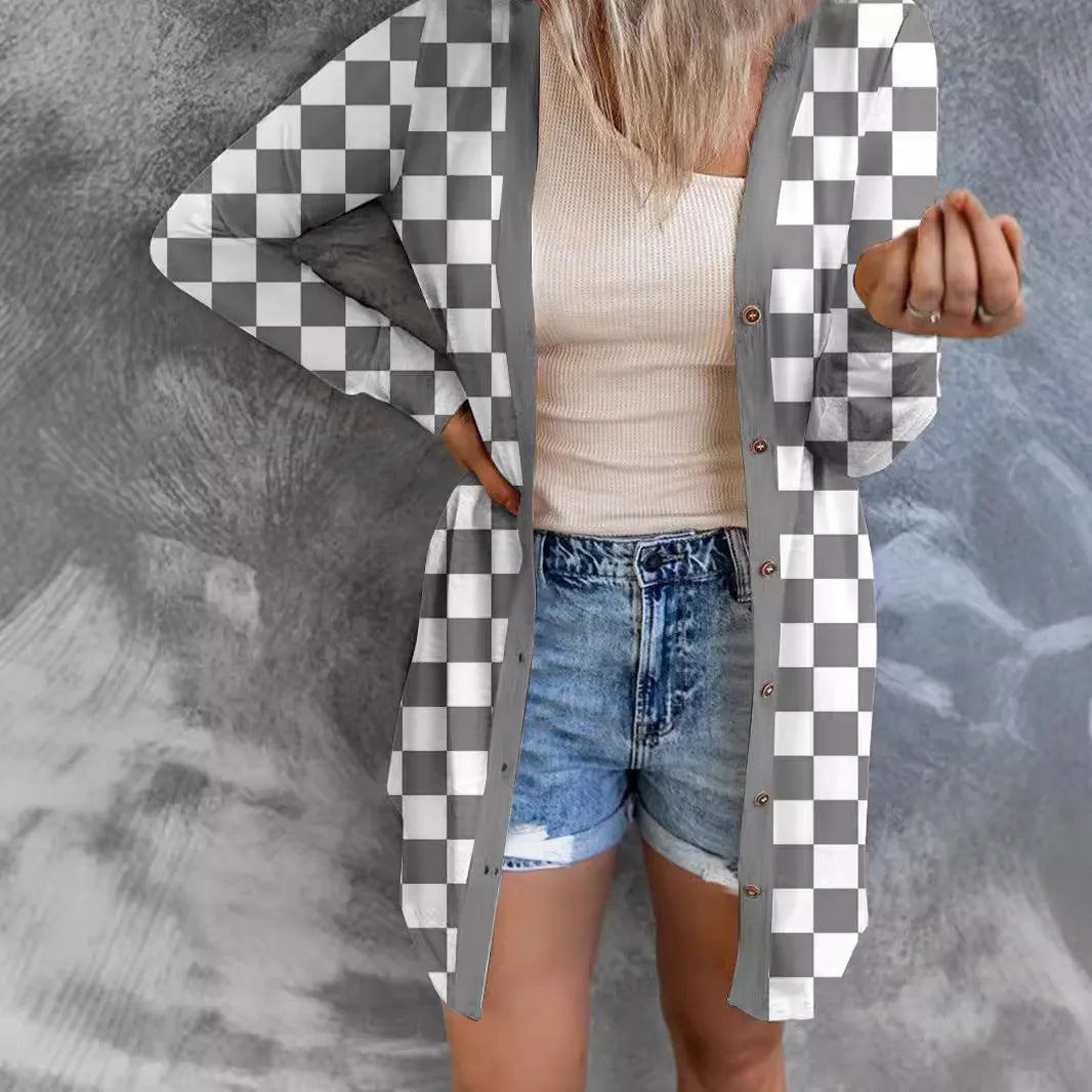 Long grey plaid patterned women's knitted cardigan coat with loose fit and regular sleeves.