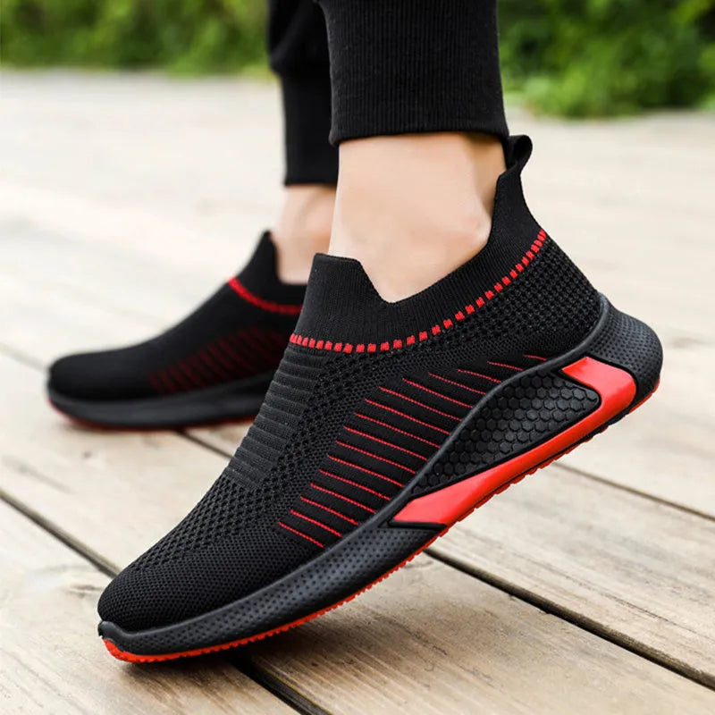 Men's mesh slip-on sneakers with striped design and flyknit upper in three colour options