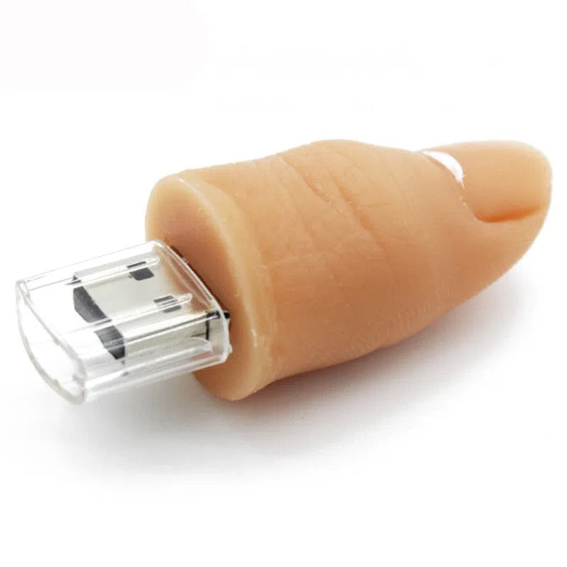 Silicone finger USB flash drive with USB 2.0 connector, available in 8GB and 64GB, shockproof and antimagnetic.