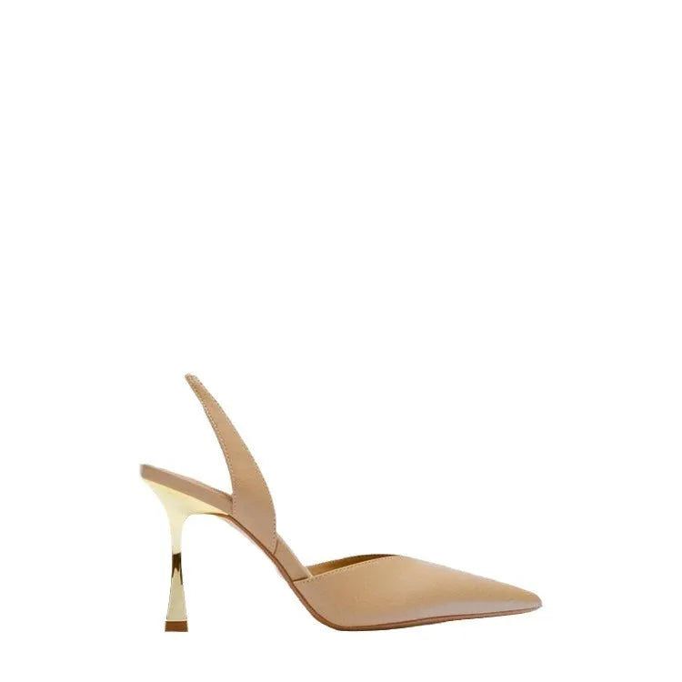 Women's pointed toe patent leather high heels in apricot colour with shallow mouth design