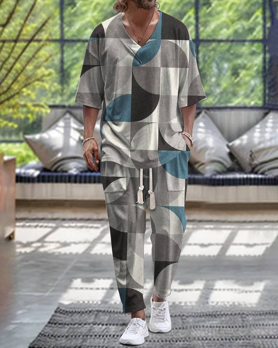 Man wearing a thin polyester V-neck trousers suit with cropped sleeves, available in multiple colours and sizes up to 6XL.