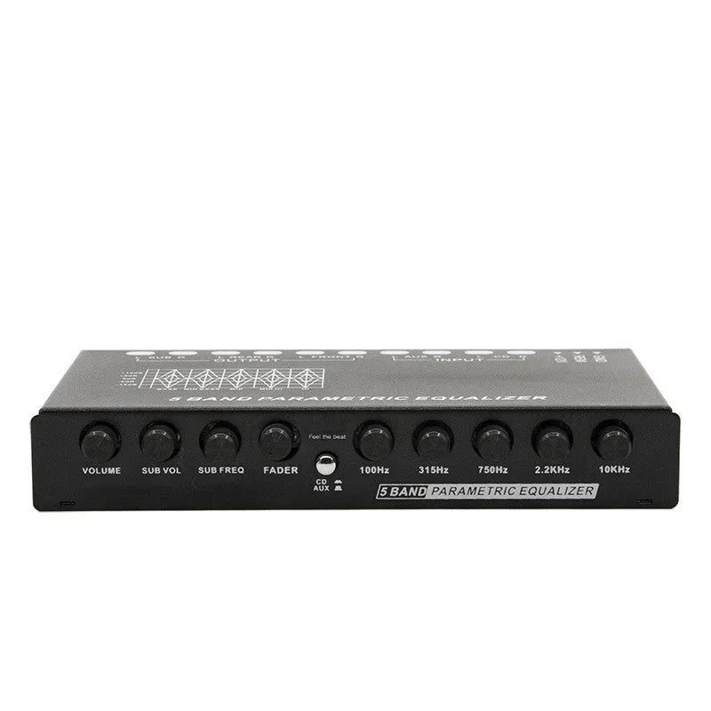 Black car audio EQ tuning amplifier with control knobs for subwoofer and seven-band equaliser.