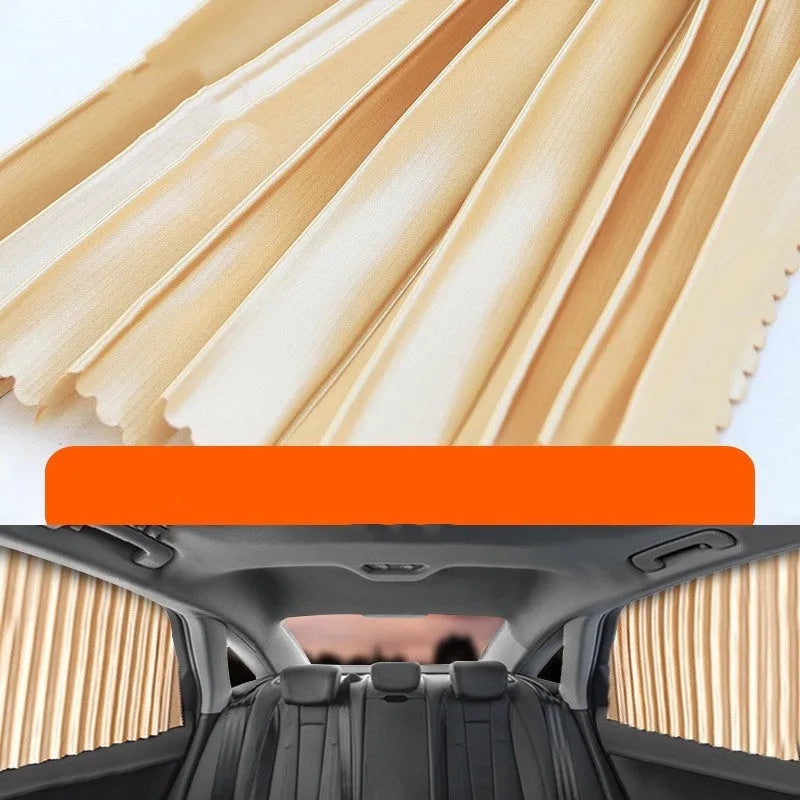 Retractable car sun curtain extended across windscreen with roller shutter mechanism visible.