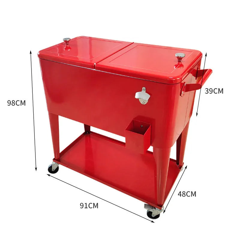 Red metal insulated trolley ice bucket with 750ml capacity for outdoor picnics