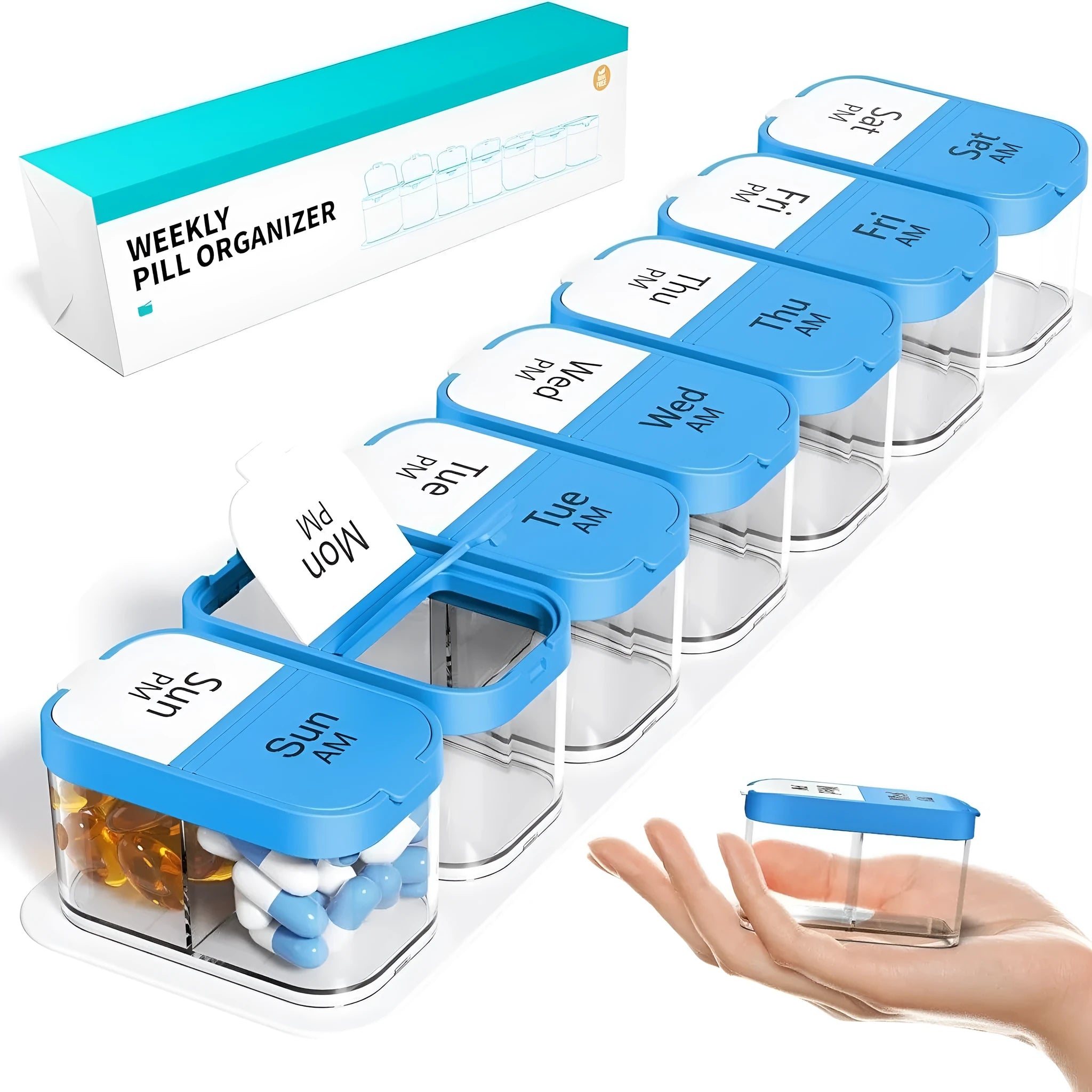 Extra large white and rainbow coloured 14-compartment pill box organiser with removable sections
