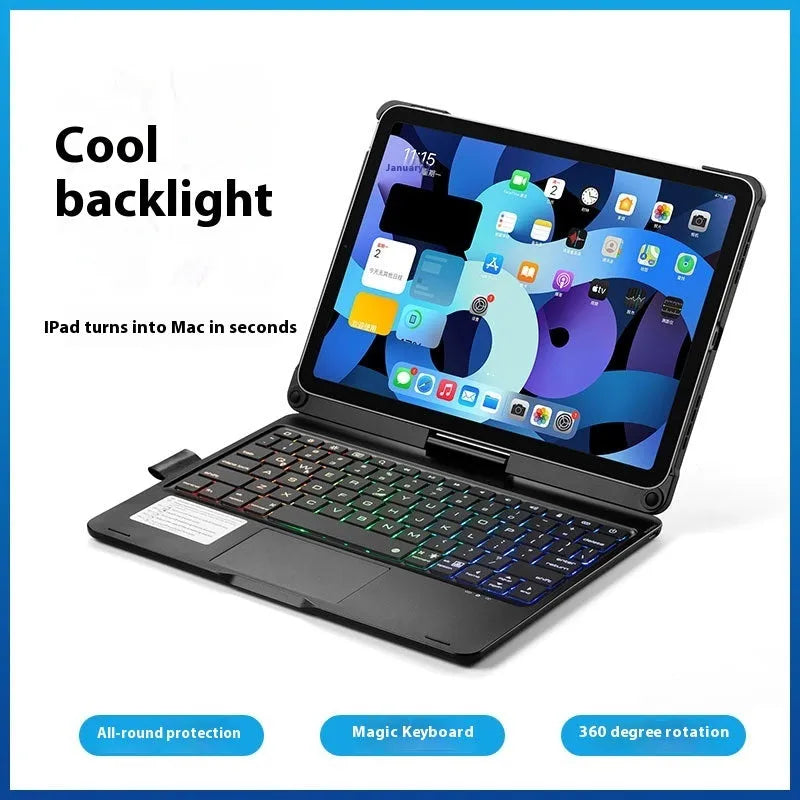 Miaocontrol rotating Bluetooth keyboard attached to iPad showing 360-degree hinge adjustment with touch keys