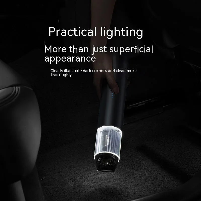 Black BASEUS A3 wireless car vacuum cleaner with cylindrical design and Type-C charging port.