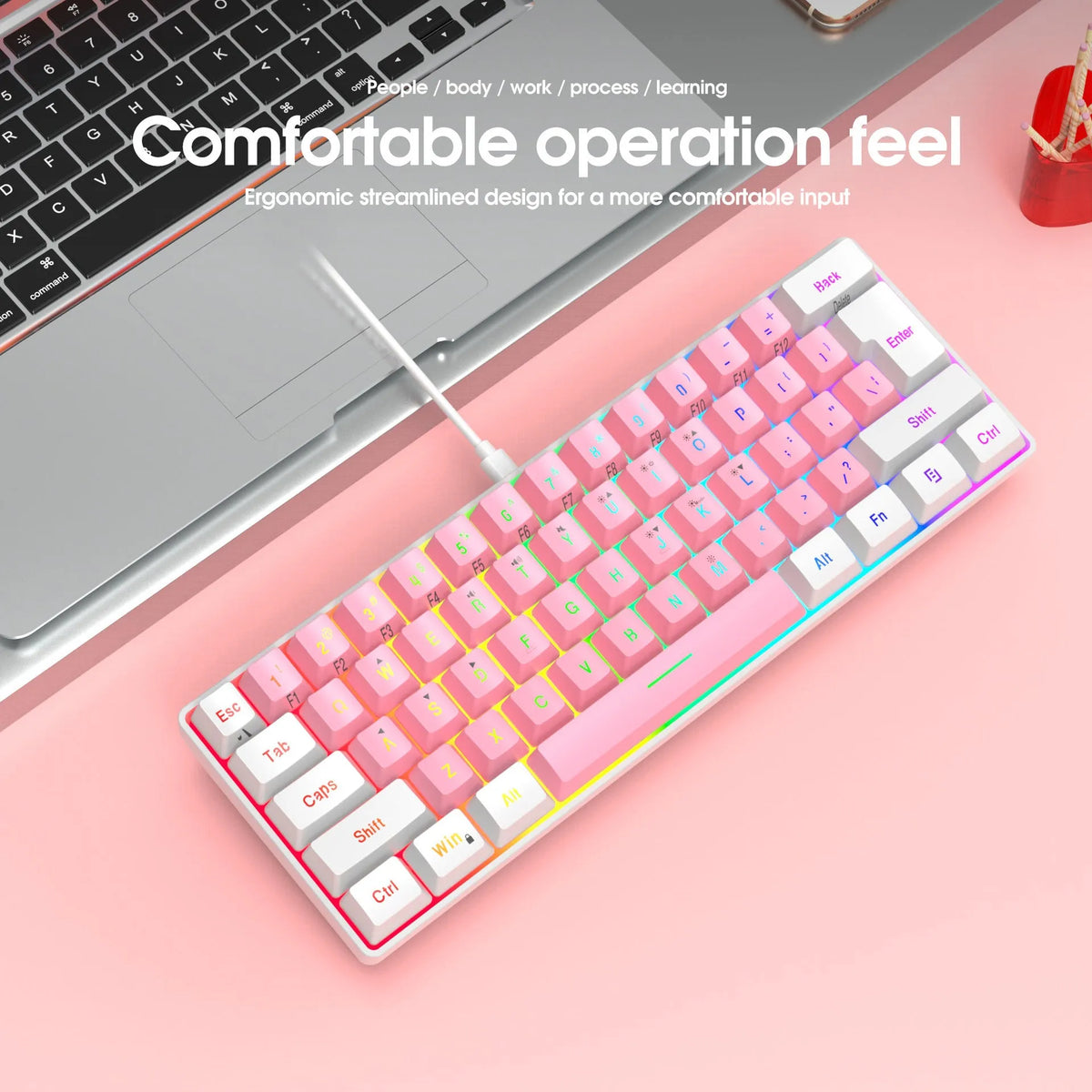 White and black 61 key wired membrane keyboard with compact design on desk