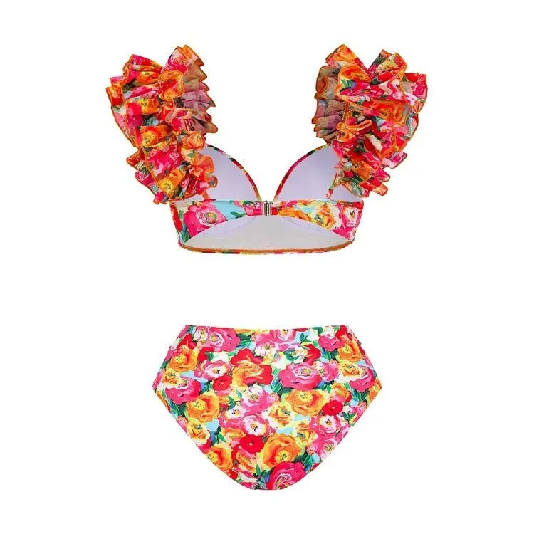 Women's floral print push-up bikini swimsuit with high-waisted briefs and matching skirt