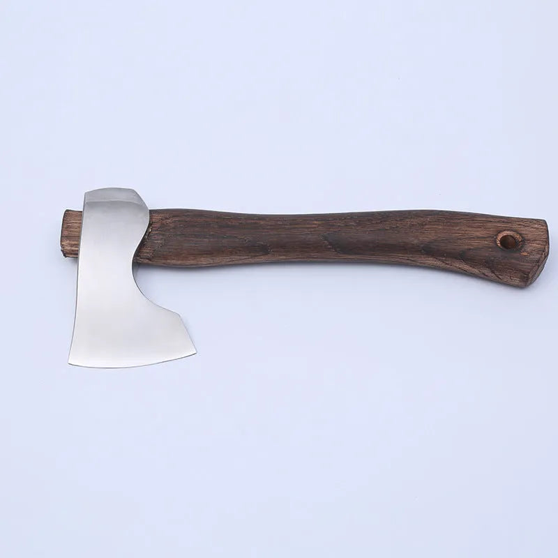Camping axe with high carbon steel head and wooden handle for outdoor wood cutting