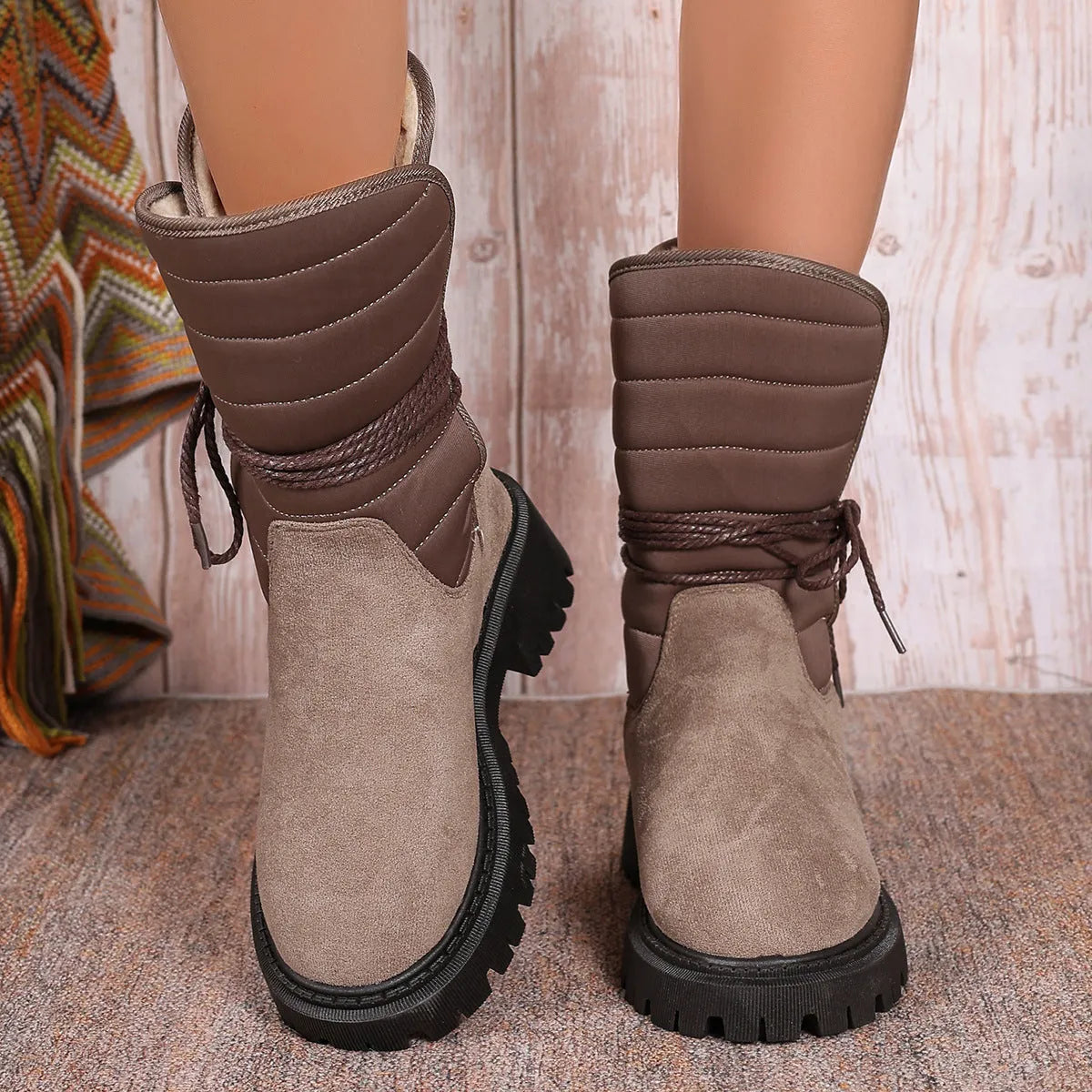 Women's black suede chunky heel snow boots with lace-up design and fleece lining