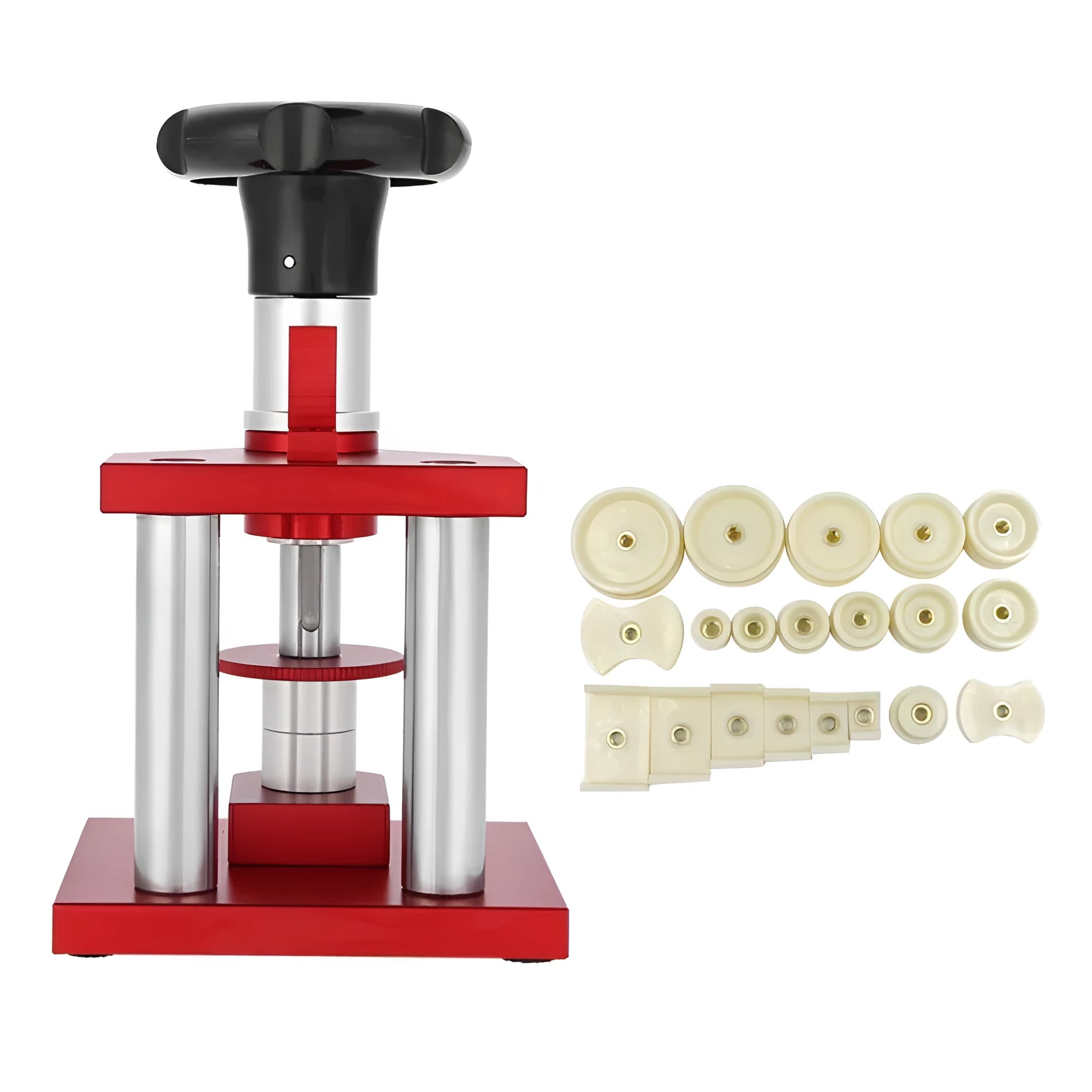 Watch repair spiral cap presser tool with 20 plastic moulds for watch back covers