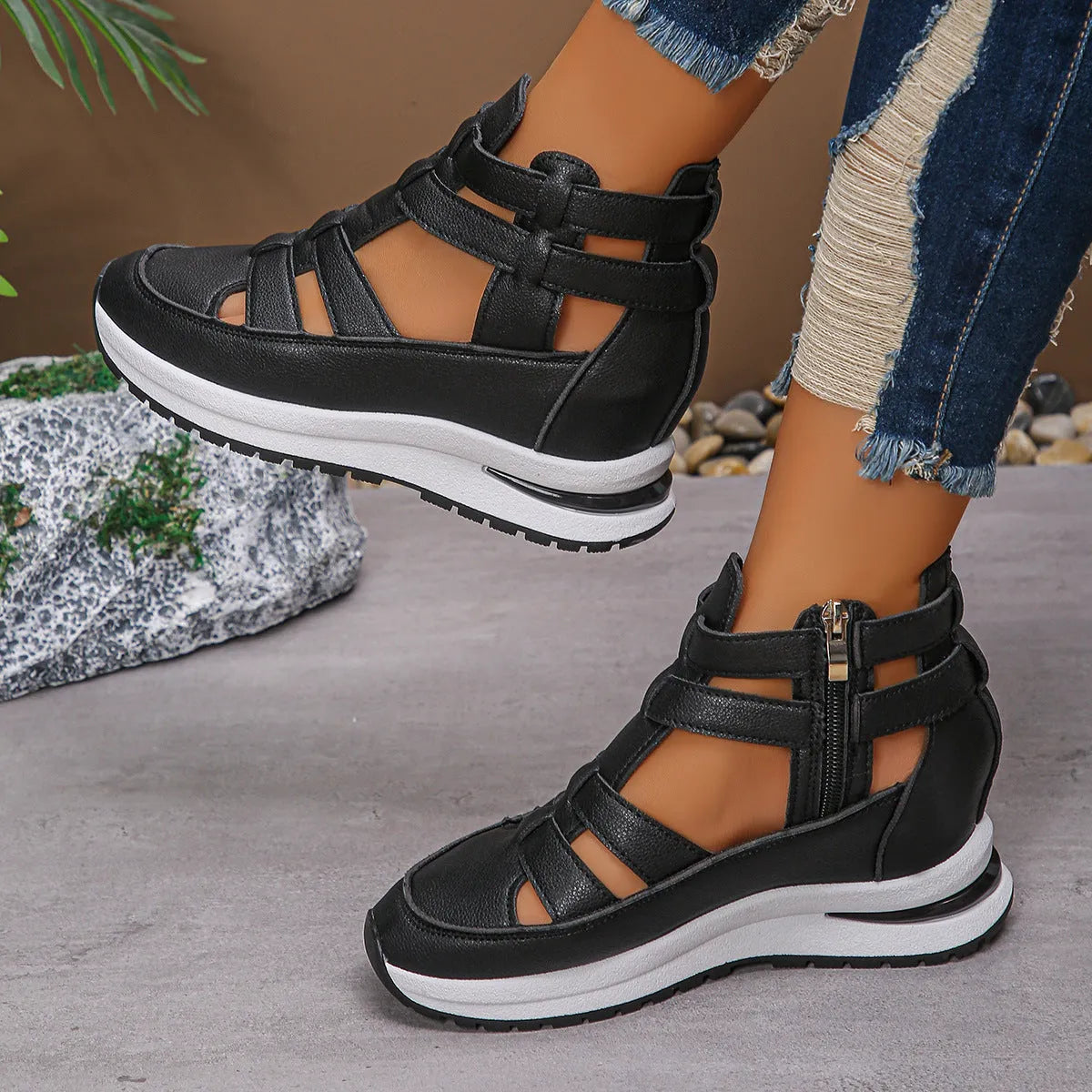 Women's black close-toed hollow-out platform sandals with Velcro strap