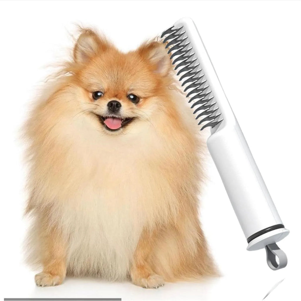Stainless steel dematting comb for dogs with a user-friendly handle on a pink background.