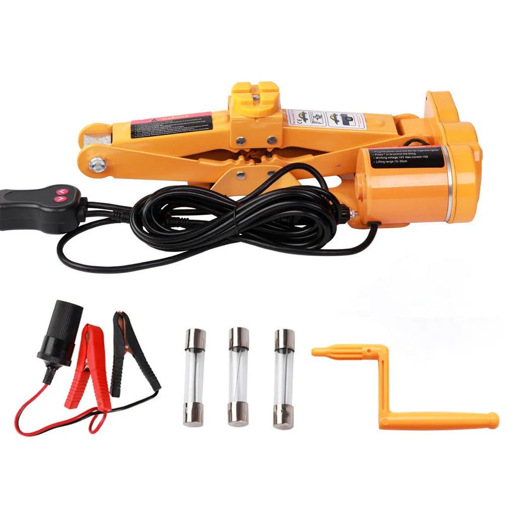 Electric hydraulic vehicle jack kit with 2 tonne capacity mounted in car for roadside assistance