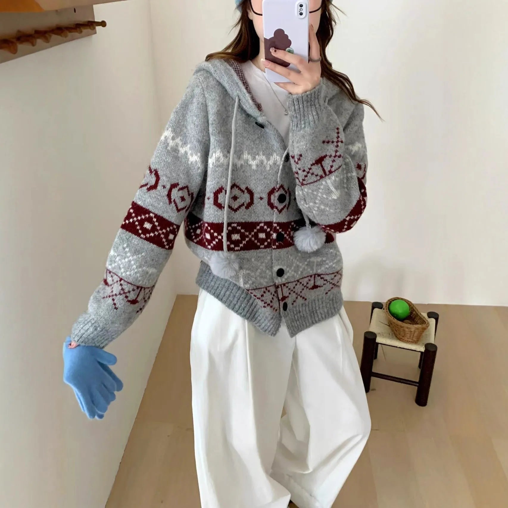 Women's beige acrylic brocade sweater coat with geometric pattern and loose fit