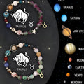 Two natural stone beaded bracelets with zodiac symbols on an adjustable cotton cord.