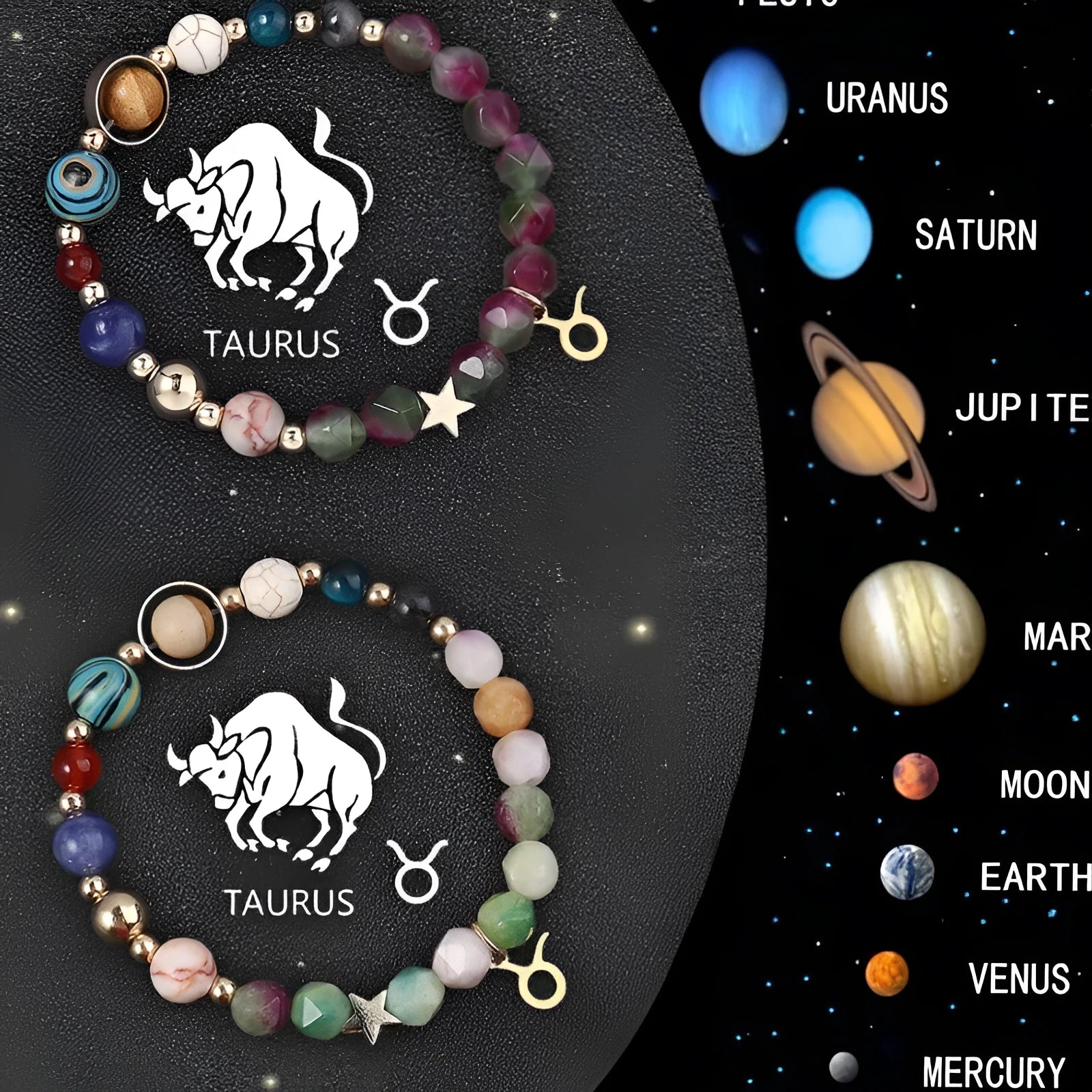 Two natural stone beaded bracelets with zodiac symbols on an adjustable cotton cord.
