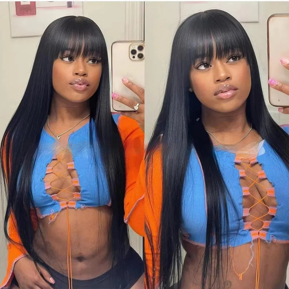 A woman wearing a natural colour human hair full lace wig with long, straight hair.