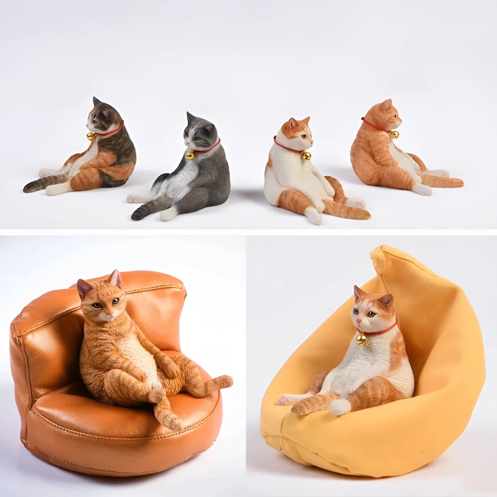 Small resin ornament of a cat sleeping on a sofa for car dashboard or shelf decoration.