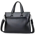 Black and brown PU leather men's messenger bag with shoulder strap showing splicing detail