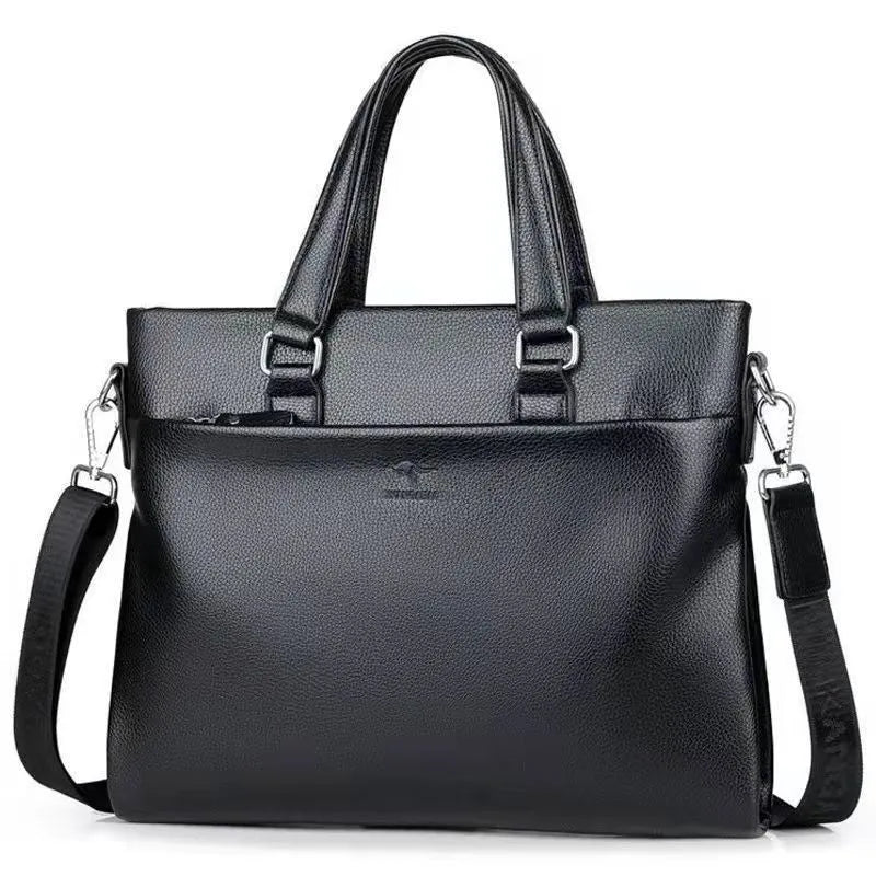 Black and brown PU leather men's messenger bag with shoulder strap showing splicing detail