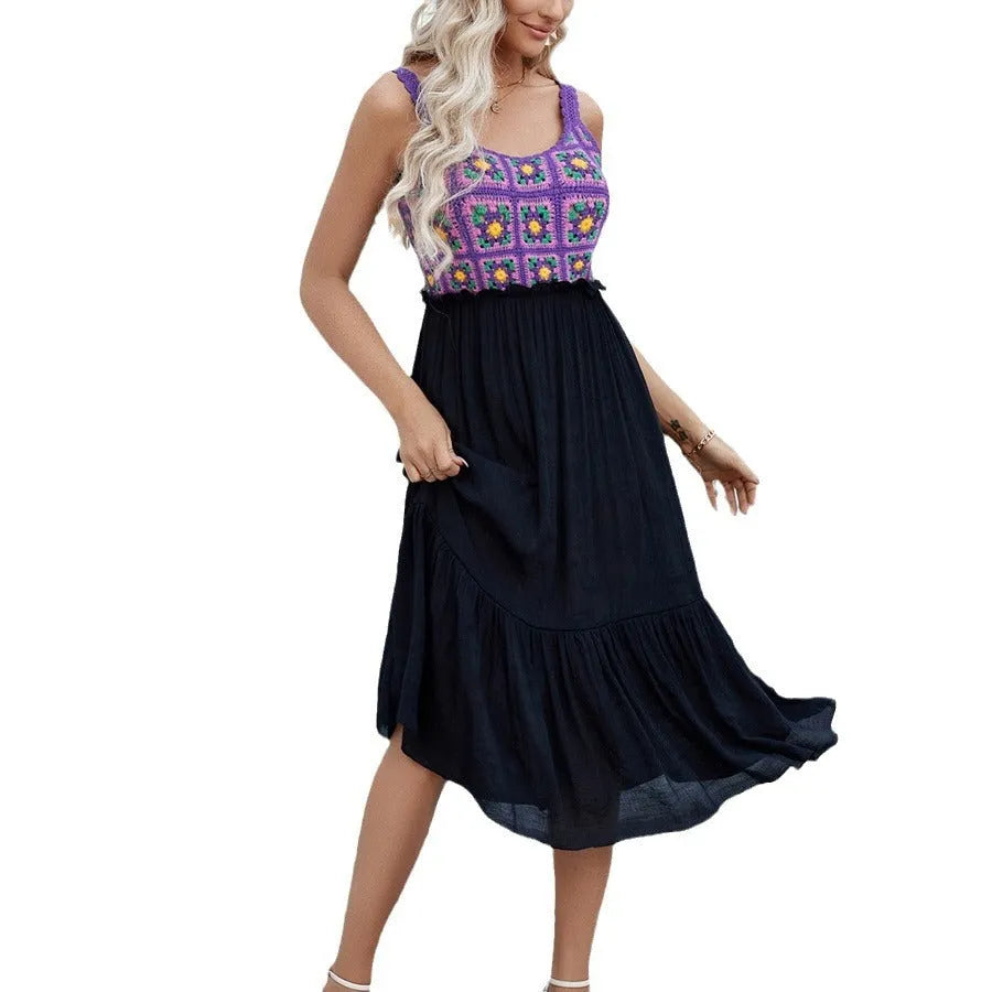 Purple sleeveless dress with hand-stitched floral embroidery on cotton blend fabric
