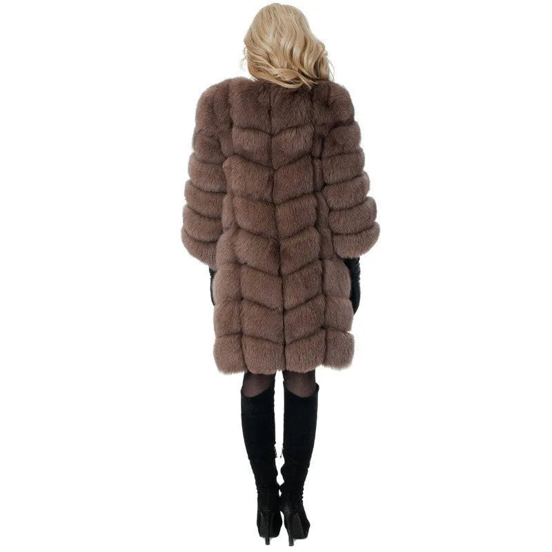 Women's thick black artificial fur coat with regular sleeves, 80cm length