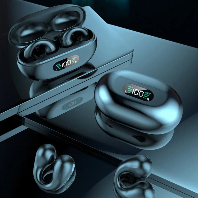 Bone conduction Bluetooth headset with clip design in black, white, or khaki colour options