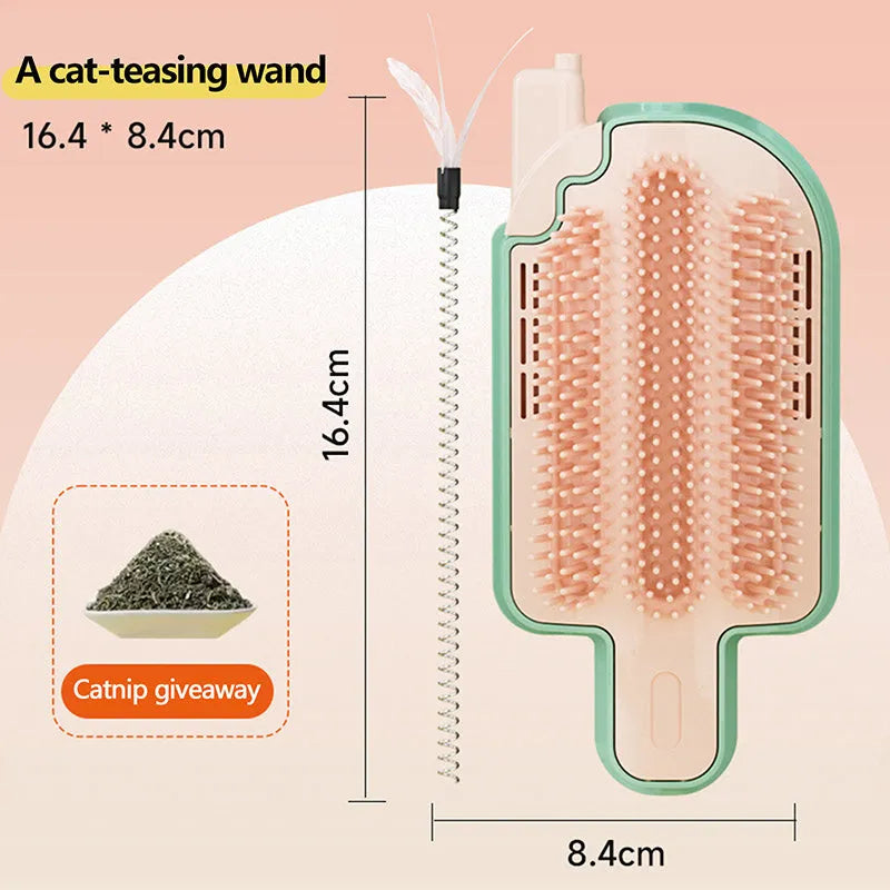Ice cream cone shaped cat grooming toy with mint ball and feather attachment.