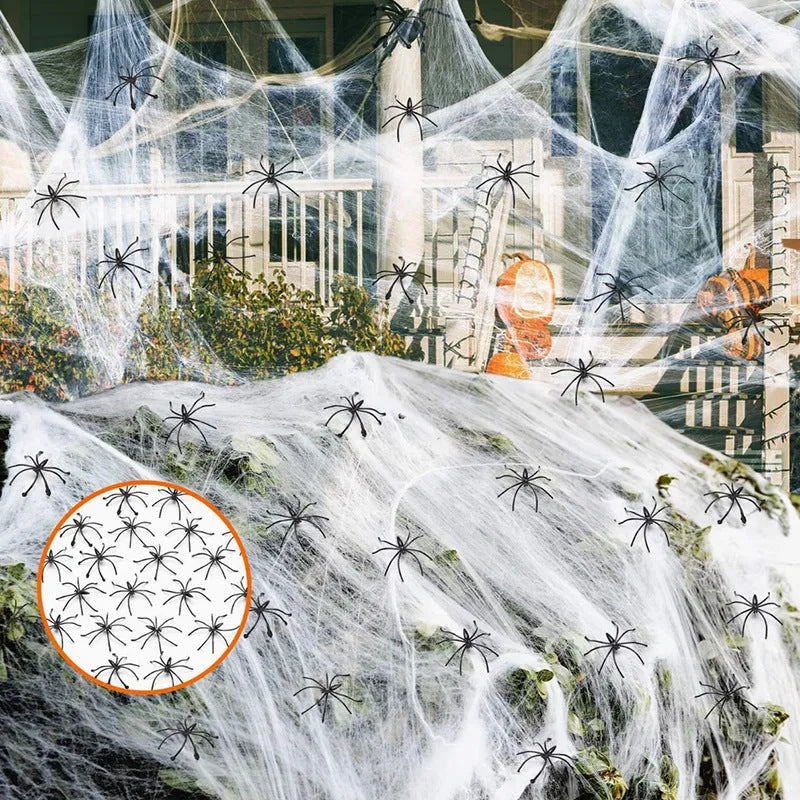 White cotton spider Halloween decoration web with plastic spiders draped across furniture