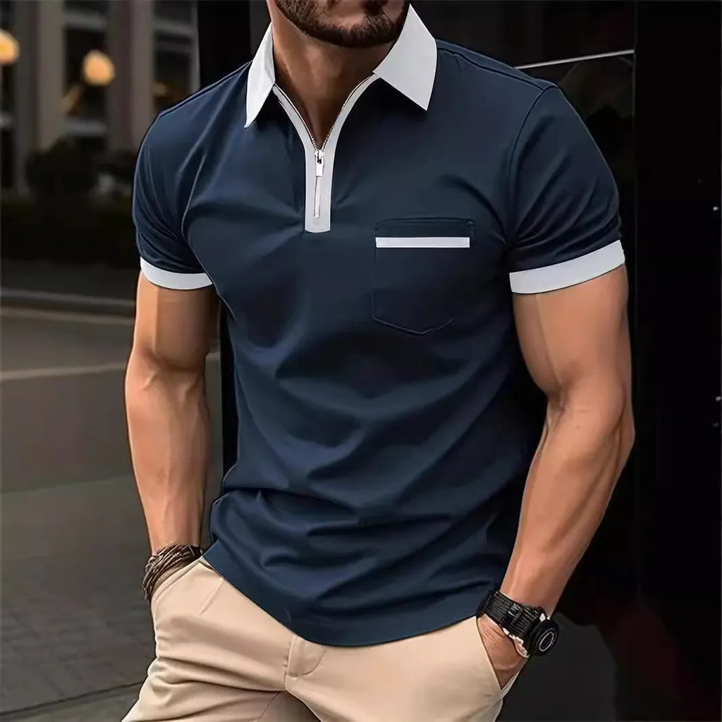Men's loose fit short sleeve casual shirt with chest pocket and contrasting collar detail