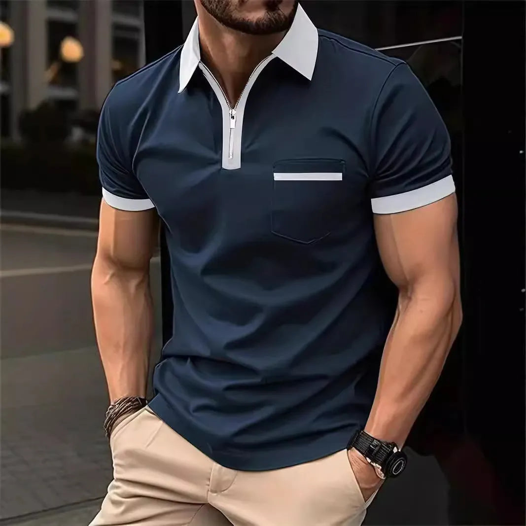 Men's loose fit short sleeve casual shirt with chest pocket and contrasting collar detail