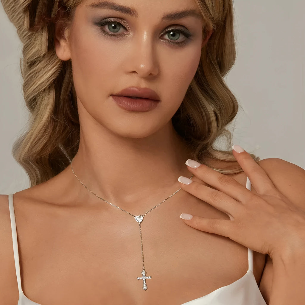 Women's 925 silver V-neck love cross necklace with O-ring chain in BSN384 colour