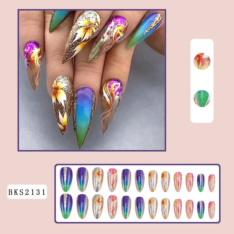Almond-shaped nail stickers with colourful lines and rainbow patterns in plaid design