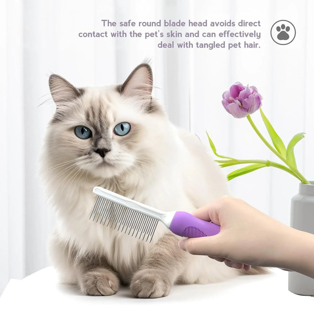 Purple pet grooming comb with stainless steel teeth on white background showing long and short tooth design