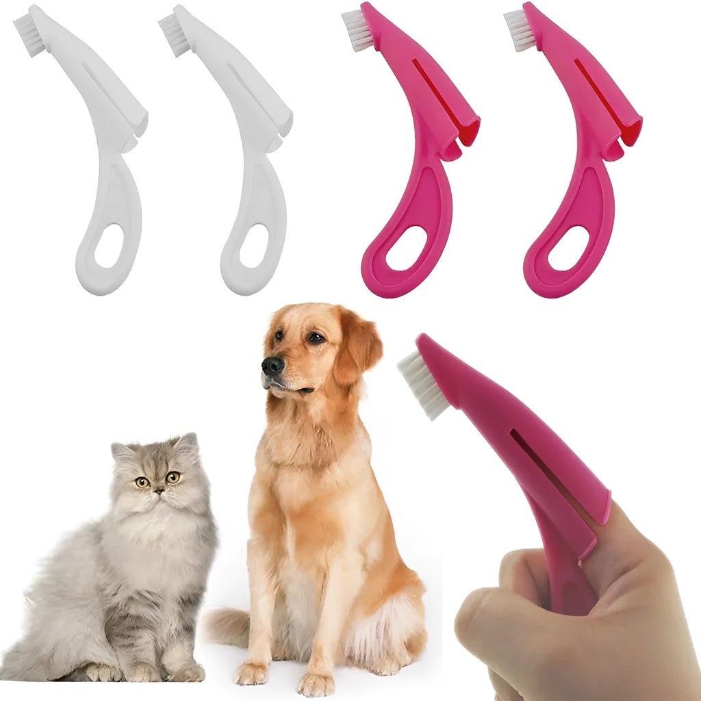 Red and white pet finger toothbrush with silicone bristles for dog and cat dental cleaning