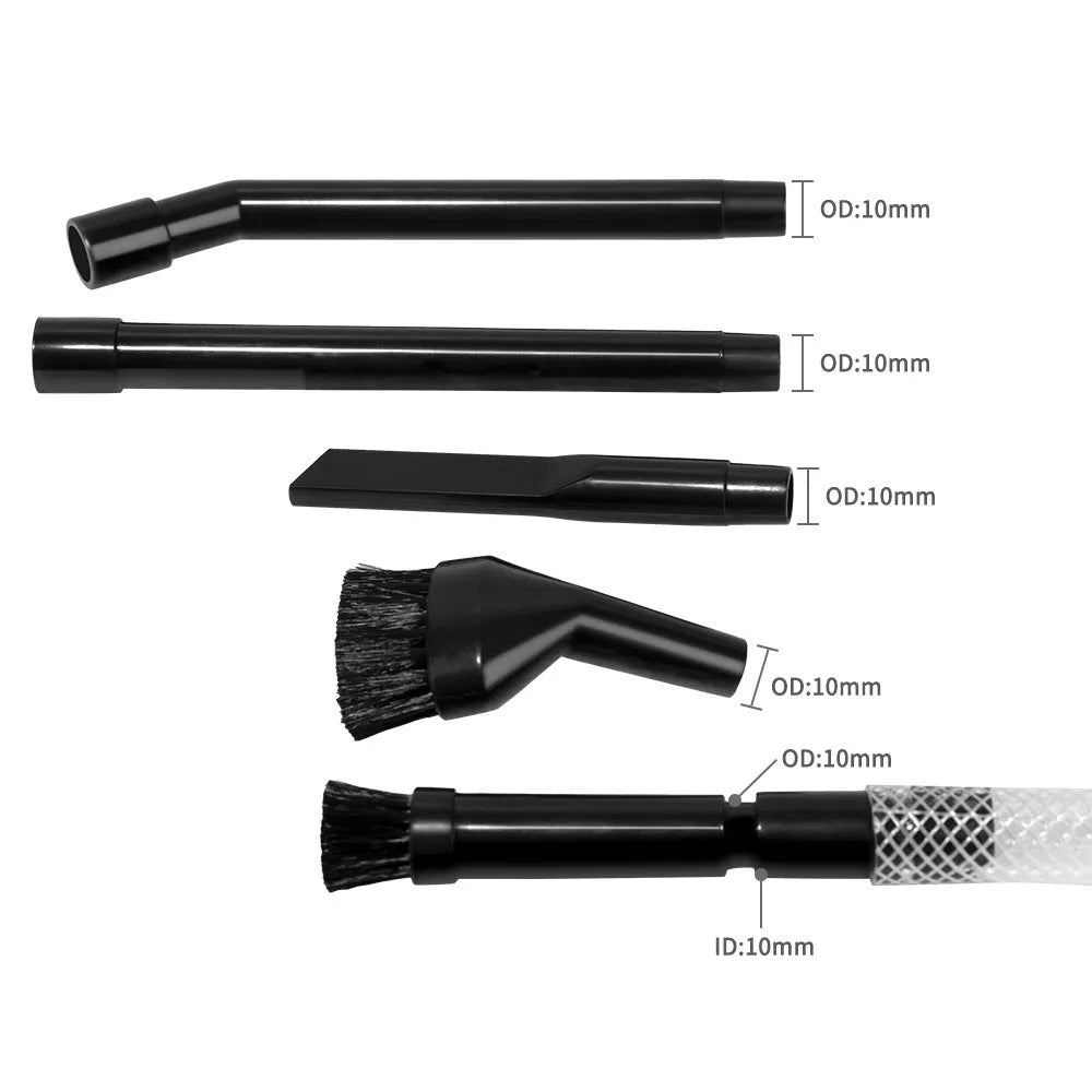 Eight-piece vacuum cleaner accessory set with small suction heads for detailed dust collection