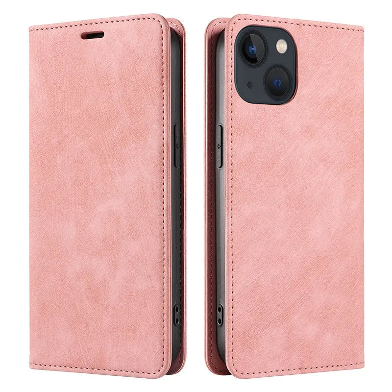 Genuine leather magnetic flip phone case in multiple colours for iPhone models.