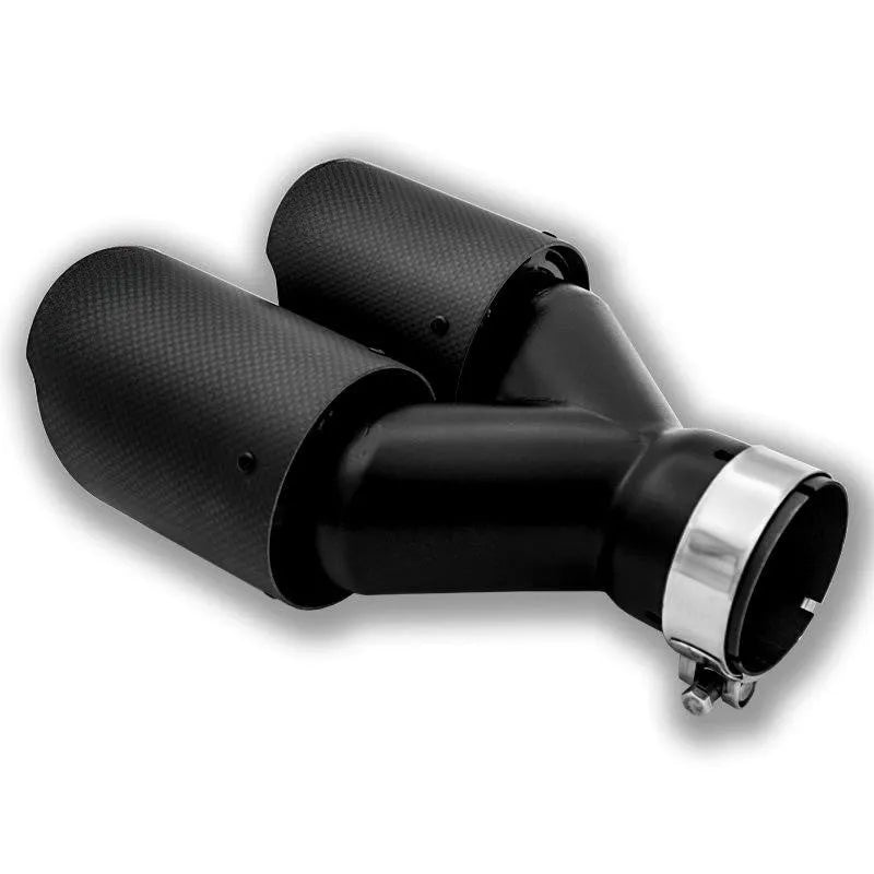 Black carbon fibre car exhaust pipe silencer with twin outlets, length 250mm.