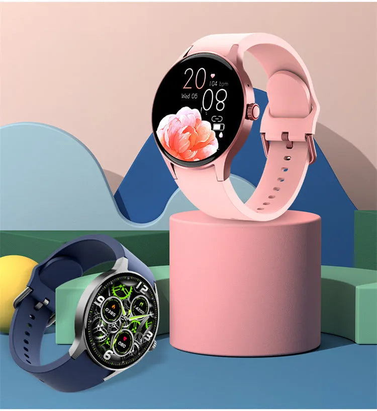 46mm smart sport watch with round touch screen in black, blue, pink, or red colour options