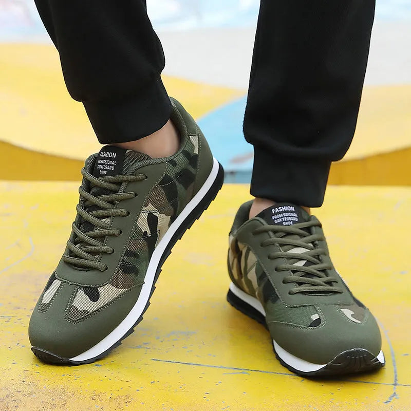 Green camouflage suede low-top sports shoes with a flat foam sole and mesh lining.