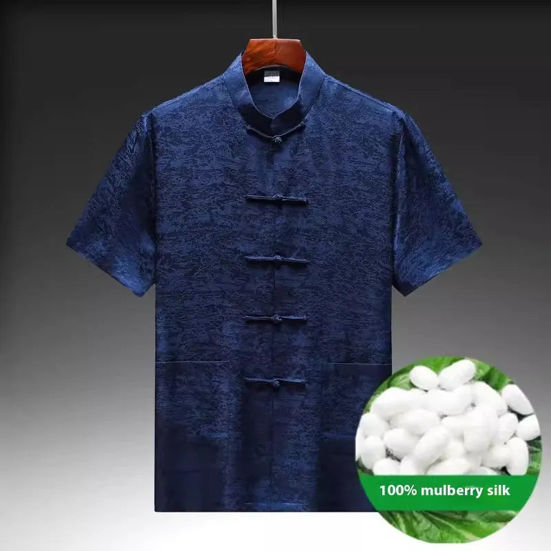 Men's traditional mulberry silk Tang suit in Chinese style, shown in light green.