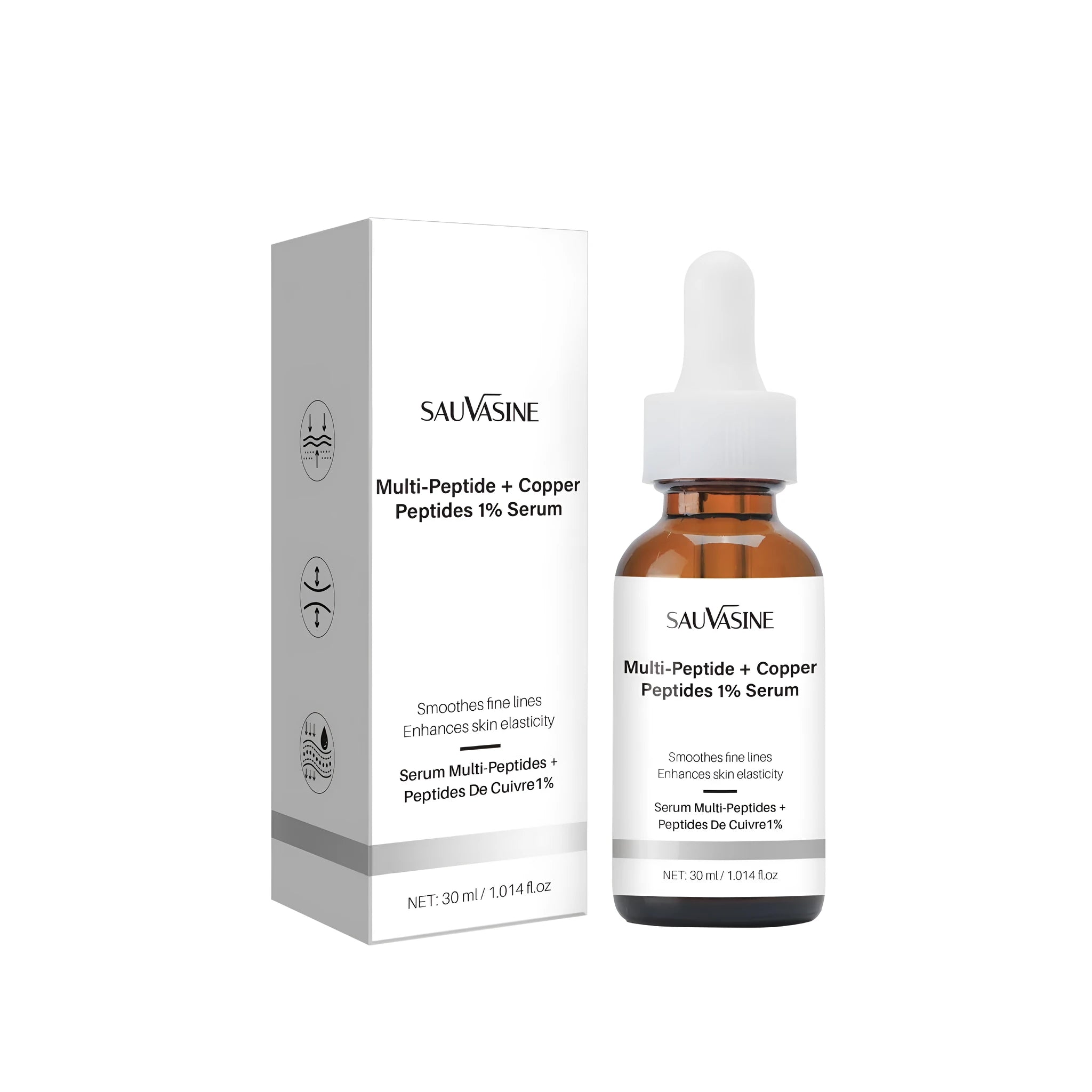 30ml amber glass bottle of moisturising facial oil with a dropper for anti-wrinkle and fading treatment.
