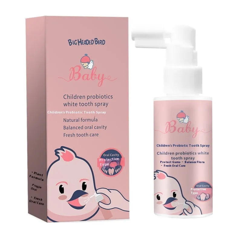 Children's probiotic oral spray bottle for white teeth and anticavity protection in strawberry or orange flavour