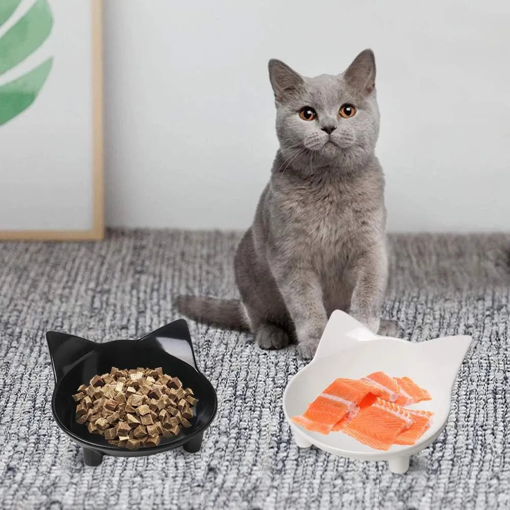 Black shallow melamine cat food bowl with non-slip rubber base on a white background.