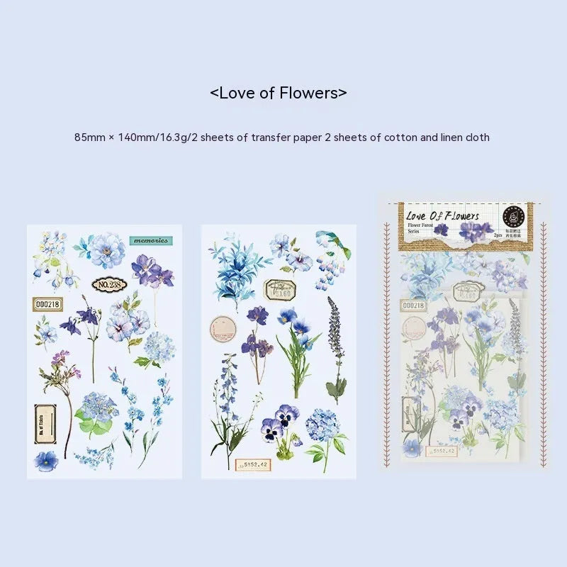 Huazhisen Series forest art sticker material pack showing printed transfer paper and cotton linen sheets