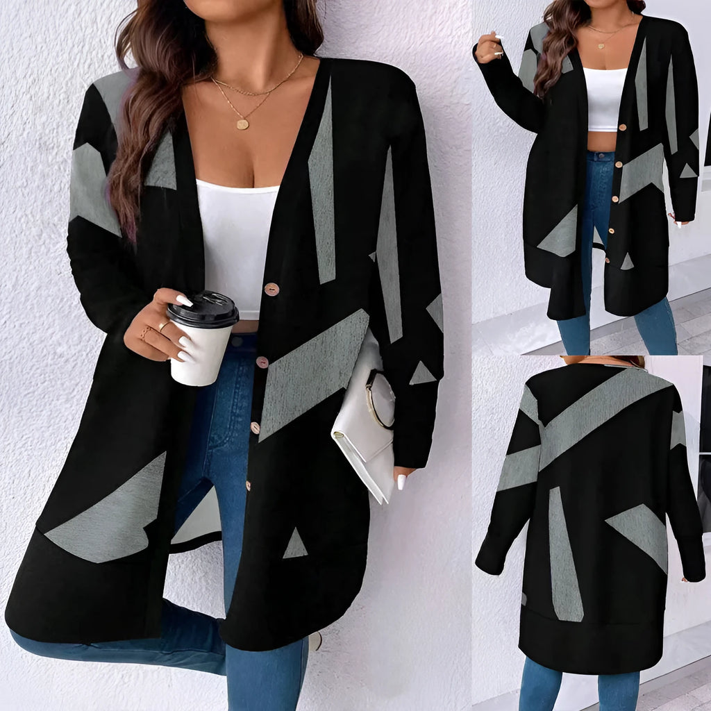 Black plus size casual cardigan coat with button stitching and printed pattern in Japanese Korean style